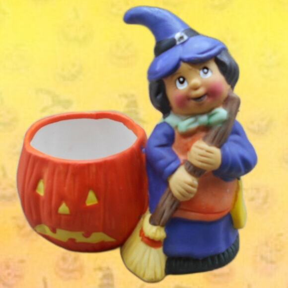 Vintage Ceramic Halloween Witch w/Pumpkin Candle Holder Purple Dress - Picture 1 of 9